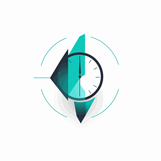 Create a vector-based minimalist logo with a white background that features a folded paper element, which has been folded 42 times. The logo should incorporate the themes of space, biotech, materials, and time, while also using a color scheme that includes black and a vibrant shade of turquoise or aquamarine. The clock arms should be positioned to show the time of 4:10.