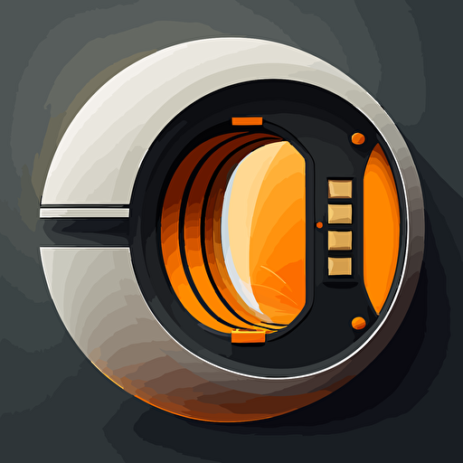 futuristic space ship, round window on side, orange and grey, black background, minimalistic, vector