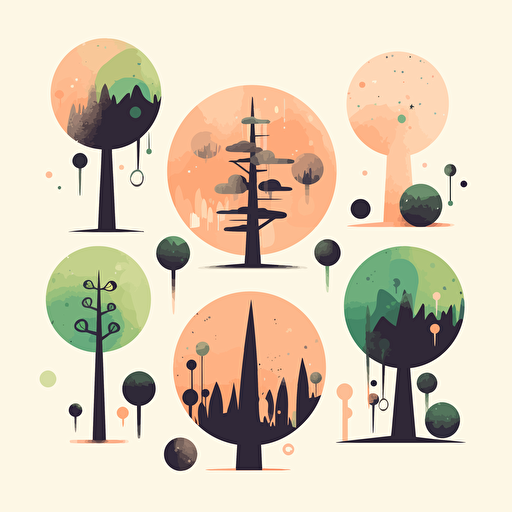 planets of different shapes, trees of different shapes, vector, a simple drawing, q 2