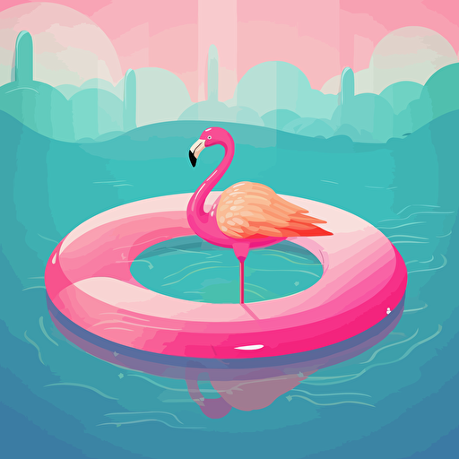 illustration of pool water covering the background, a pink flamingo pool float is floating on the water it should be in vector style artwork, it should be cute and fun feeling, in bright colors