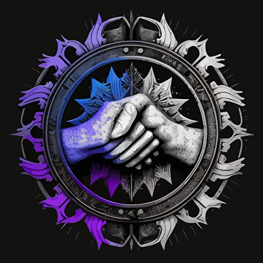 The logo whose main theme is friendship and mutual assistance in the field of finance throughout Ukraine, compass and handshake(with five fingers please). The color scheme consists of a silver/blue and purple/white split on a black background. logo vector hd quality