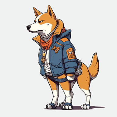 Shiba Inu chav outfit, color palette, akira toriyama, wide angle, dragon ball, chav outfit, side profile shot, cartoon 2d, cartoon anime, colors, surreal, Vector illustration, white background