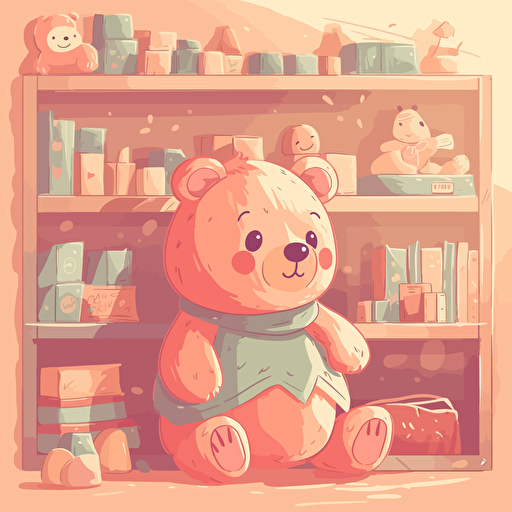 teddy bear toy lying on a shelf in a store. it has a price tag on it. Children's illustration. Pastel, warm colors, vibrant, colorful, vector illustration