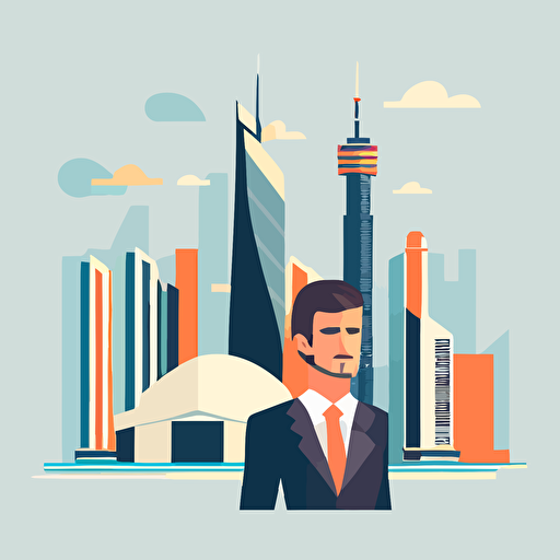 minimal vector flat illustration of modern business man standing next to emirates towers dubai, smiling