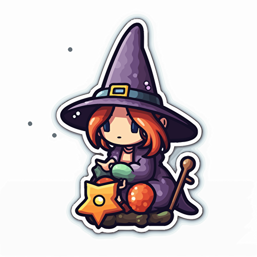 witchy, Sticker, Adorable, Sparkly Colors, Pixel Art, Contour, Vector, White Background, Detailed