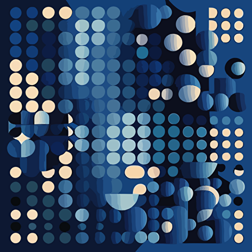 a vector illustration showing the change between atoms and pixels as an evolutionary process, in dark blue tones, and flat vector shapes, inspired by the iconic style of Victor Vasarely. He experiments with different shapes and sizes to create a dynamic and engaging piece of art.