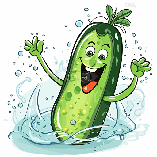 happy cucumber jumping in splashing water, cartoon style, 16:9, vector art