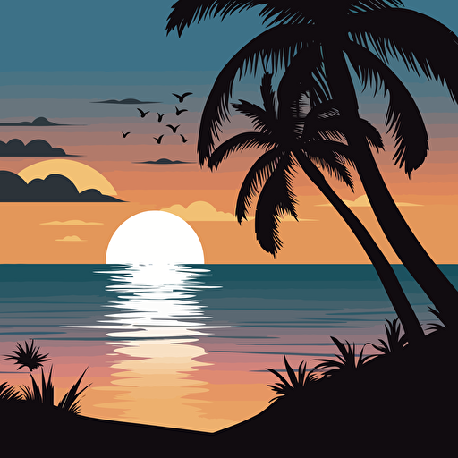 flat vector silhouette of a tropical beach scene