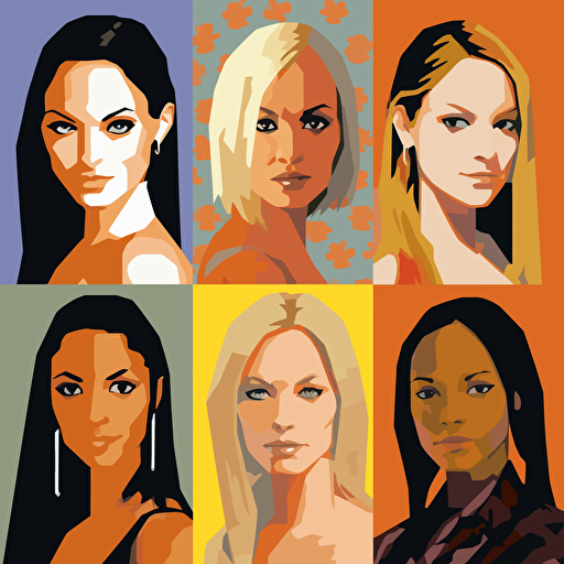 the Spice Girls, Melanie Chisholm in 1997, Geri Halliwell in 1997, Victoria Adams in 1997, Emma Bunton in 1997, Melanie Brown in 1997, 90s style, cartoon style, vector, minimalistic, v5