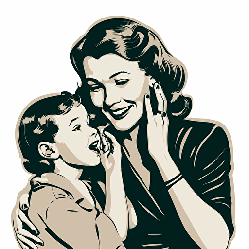 vector image of aA laughing mother and laughing child sharing a secret whisper in ear, logo art, brand logo, black and white, no background,