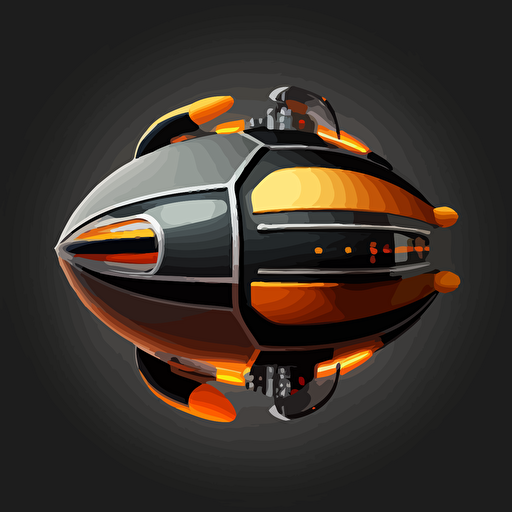 futuristic space ship, orb, orange and grey, black background, simple, vector
