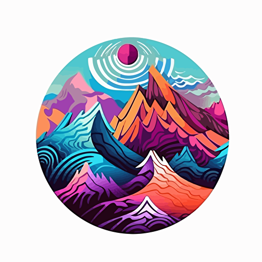 Logo, Chitra painting style, vector, waveforms (sine, saw, square), a mountain with snow, psychedelia, fantasy, detailed, intricate