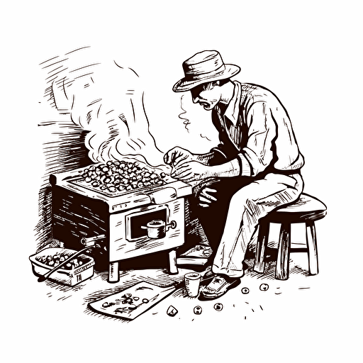 man roasting coffee beans, in the style of meticulous inking, vector, monochromatic, letterboxing, whimsical and lively, cartoon mis-en-scene
