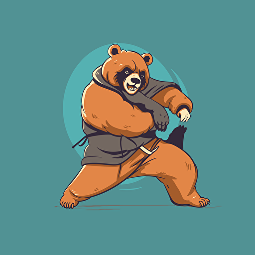 Bear taking down another bear with single leg takedown holding one leg in between its own, wearing jiu jitsu clothes, vector animation illustration, 4 colors limit, solid background, high resolution