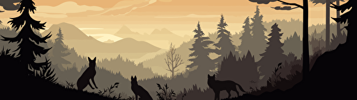 vector illustration of a wolf pack hunting rabbits in a mountain and forest scenery