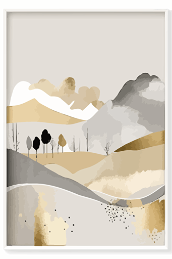 Grey and beige watercolour abstract landscape art, Minimalist, vector, contour