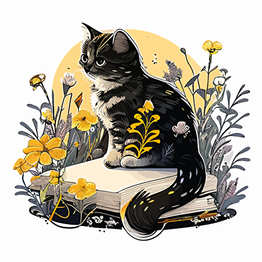 cute cat, sitting on a book, laying down, black, yellow flowers around him, vector style, sticker