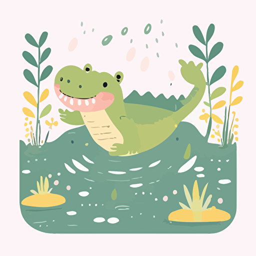 happy baby alligator swimming in a river, flat color vector art