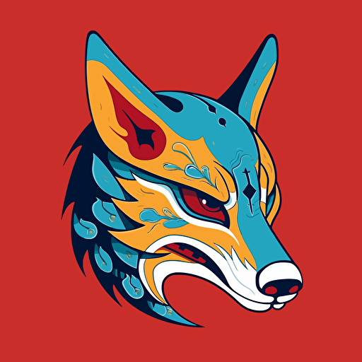 coyote kitsune mask illustration by tim lahan, side profile, flat colors, 2d vector art