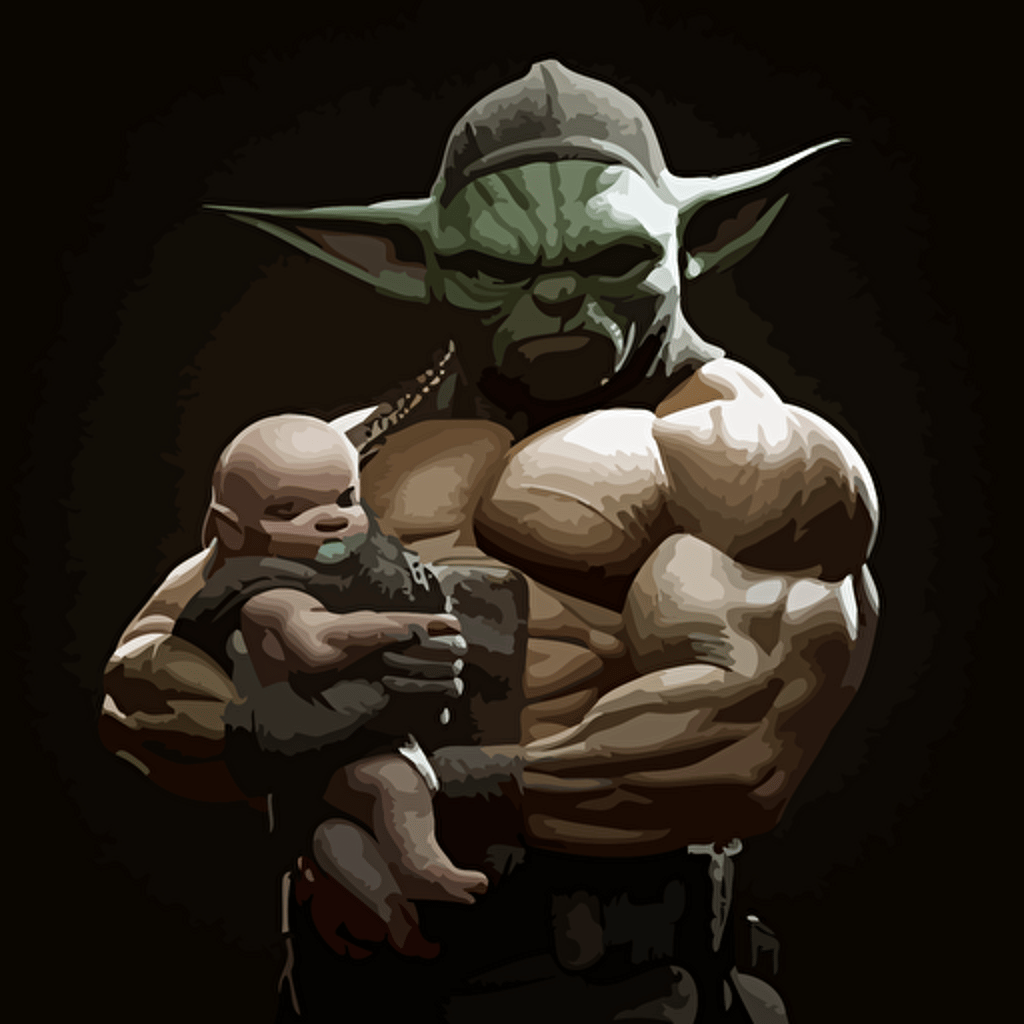 The Mandalorian as a bodybuilder holding Baby Yoda as a vector image