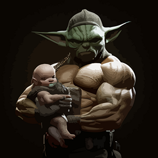 The Mandalorian as a bodybuilder holding Baby Yoda as a vector image