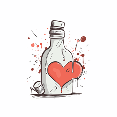artsy, cute, vector, white background, bottle of glue with a heart on the bottle