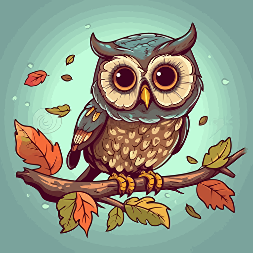 A delightful cartoon owl on a branch, showcasing a wide-eyed and curious owl perched on a branch with leaves, Artwork, vector illustration,
