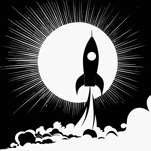 versy simple vector bland and white illustration of rocket, a sun and the rocket is sihlouette