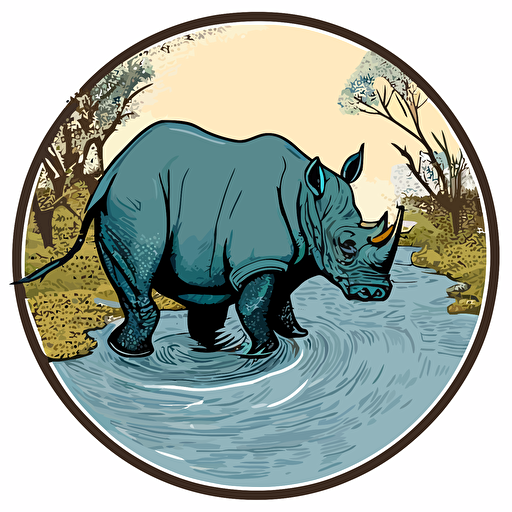 a circular patch of a rhino crossing a river. color vector format