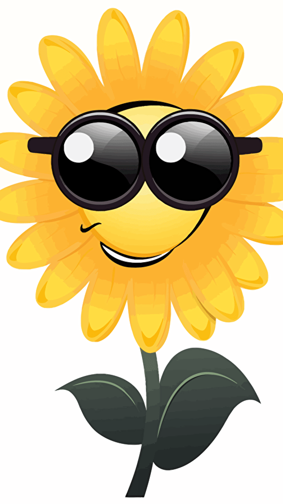 An adorable cartoon logo design of a sunflower wearing black thick-rimmed glasses, winking with one eye, on a crisp white background, simple yet witty, vector illustration,
