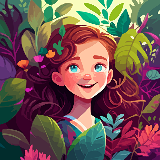 a happy young girl with adorable big brown eyes and freckles, long wavy brown hair who has a stunning colourful garden growing from her brain. vector