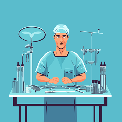surgeon performing laparoscopic surgery holding laparosopic instruments in front of operating table, very simple, vector art