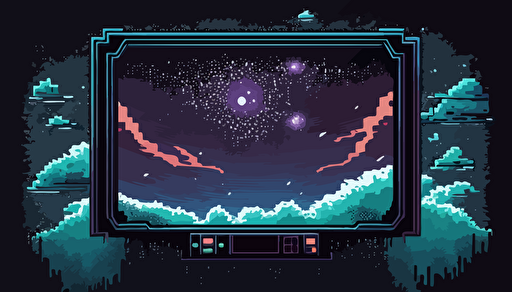 2D Vector, 1990s poster, 8bit pixel art, liminal space backdrop with border, mostly empty, cosmic stars space, high definition, soft gradients