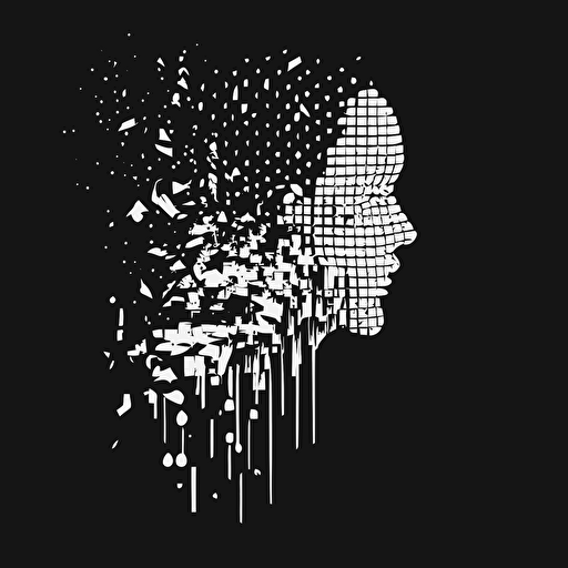 vector art , flat design, black and white , a minimalistic human head that is dissolving into pixels