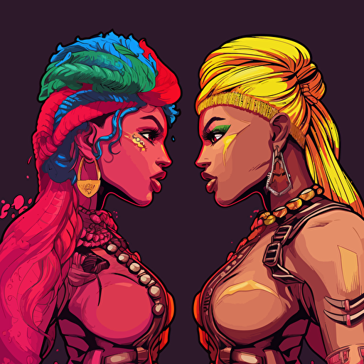 Cardi B vs Nicki Minaj. 64 bit game. Street fighter style. Uhd. Hyper details. Vector image. drawing. Black background