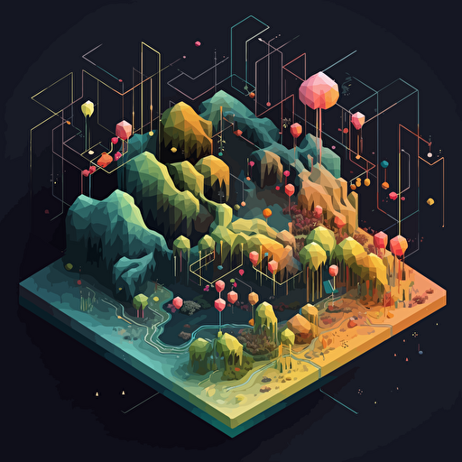 visualize data connection map as geometric overlap, isometric, vector shapes, nature terrain theme, magical