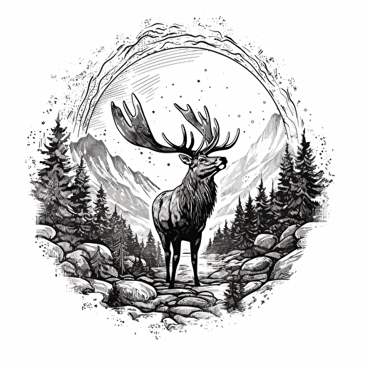 illustrated elk bowing head in contemplation, black and white vector, simple, ::woodblock style