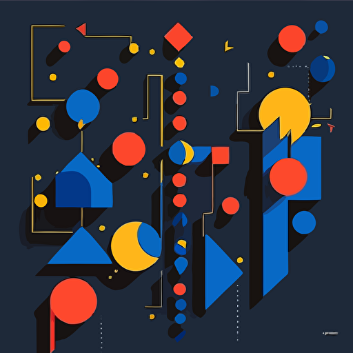 Create a vector illustration that portrays a time line that shows the transformation process from squares to spheres as an evolutionary journey. Only in dark blue, and black with flat vector shapes, drawing inspiration from the iconic style of alexander calder. Experiment a dynamic and engaging neon effect that captures the essence of this transformation.