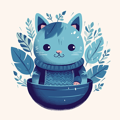 cute vector cat in a Blue sweater surrounded by plants