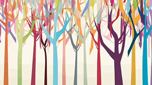 long colourful ribbons hanging vertically from trees, illustration style, vector, simple