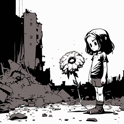 A minimalistic comic illustration of a sad little girl, in the style of Humberto Ramos, looking to the floor, with a flower in her hand, and a destroyed building in the background, style: minimalistic flat vectors, black and white, detailed, no shades.