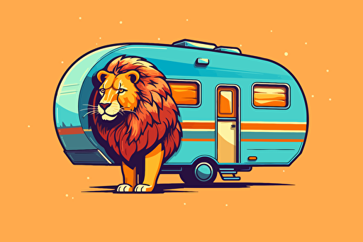 2d illustration, lion 1970's trailer simple vector colorful sticker