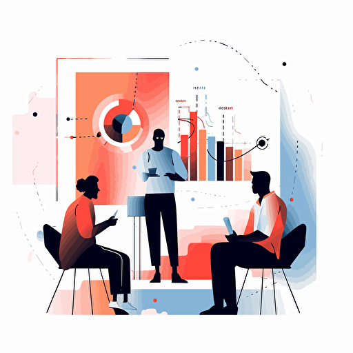 Create a contemporary flat vector depiction of a presentation using a corporate Memphis, Alegria, and flat illustration approach with a white backdrop and a restrained primary color scheme.