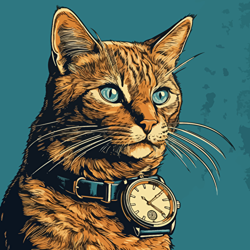 vector art style, cat looking at it's wrist watch, in the style of Michael Parks