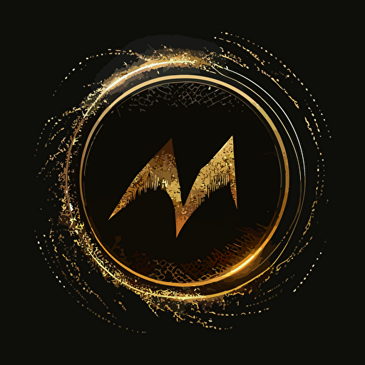 minimalist logo that is a circle with golden borders vector logo, black background, two letter M forming an audio wave made of particles inside the circle