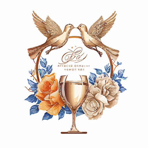 unique hyper detail flower and dove themed logo including and champagne glasses, white background, vector
