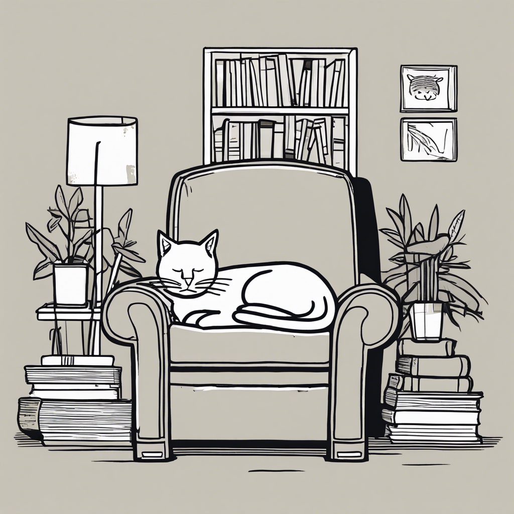 Writer’s nook with a cozy armchair, stack of books, and a cat sleeping, illustration in the style of Matt Blease, illustration, flat, simple, vector