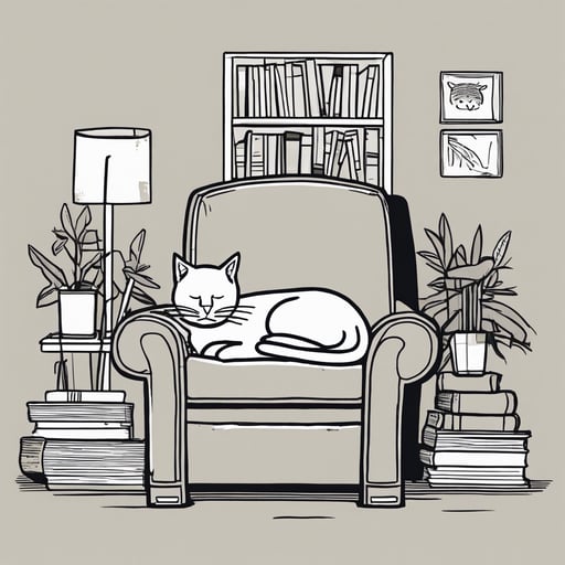 Writer’s nook with a cozy armchair, stack of books, and a cat sleeping