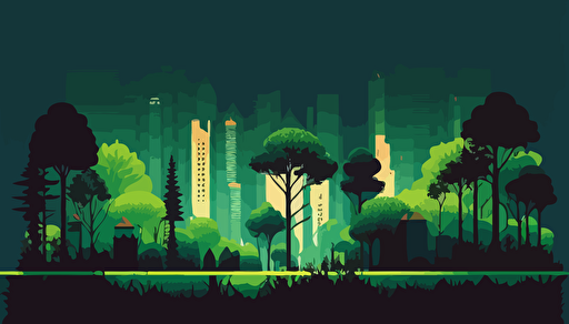 simple vibrant background of a green forest leading to a city vector art adobe illustrator minimalist