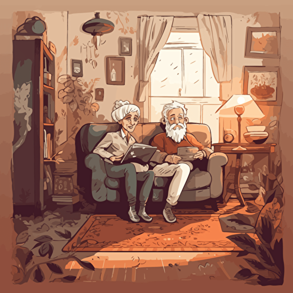 vector art, cute livingroom, elderly couple sitting on the sofa, illustrator, after effects, reduced color palatte